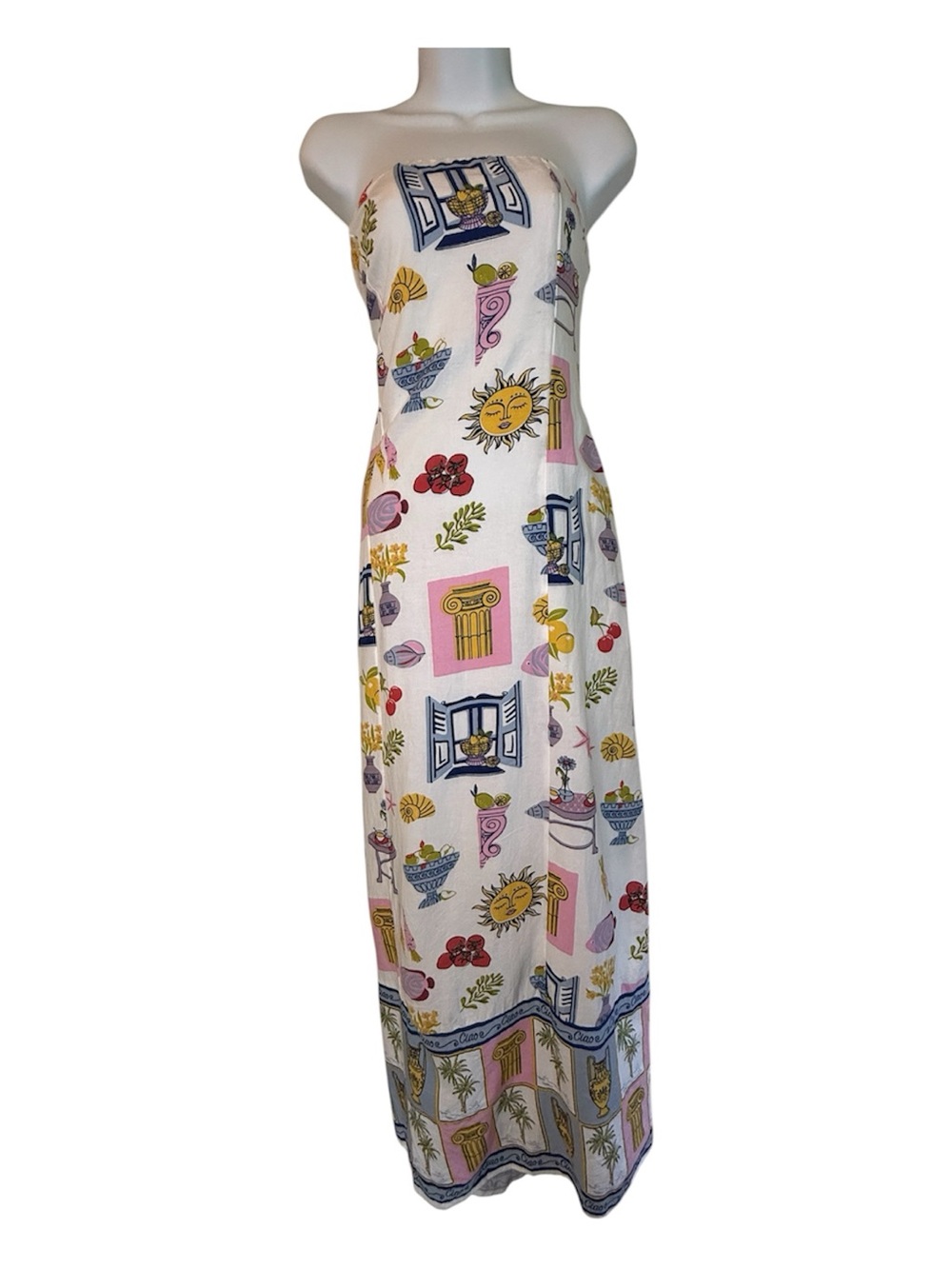 Japna White Strapless Maxi Dress with Yellow, Pink and Blue Motifs